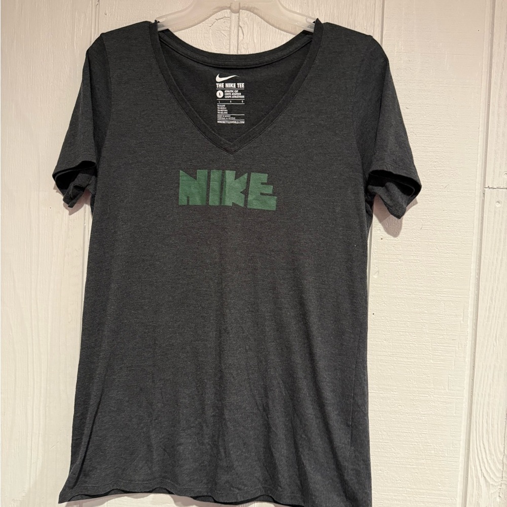 Nike Gray V-Neck Tee with Green Logo